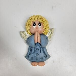 Vintage Clay Praying Angel Christmas Tree Ornament Blue Hand Made Signed 1981